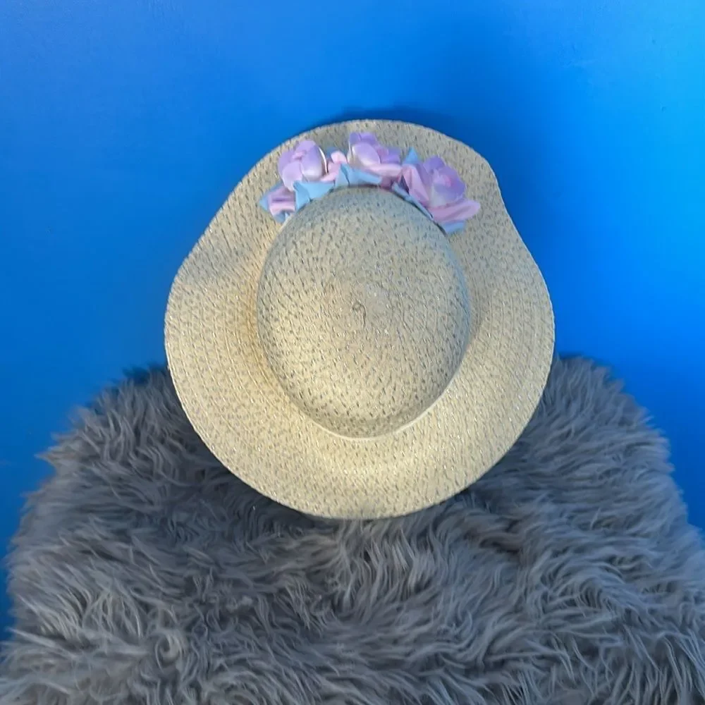 Elli by Capelli Straw Hat w/ Silver Thread & Pink Flowers | Girl's Summer Sun